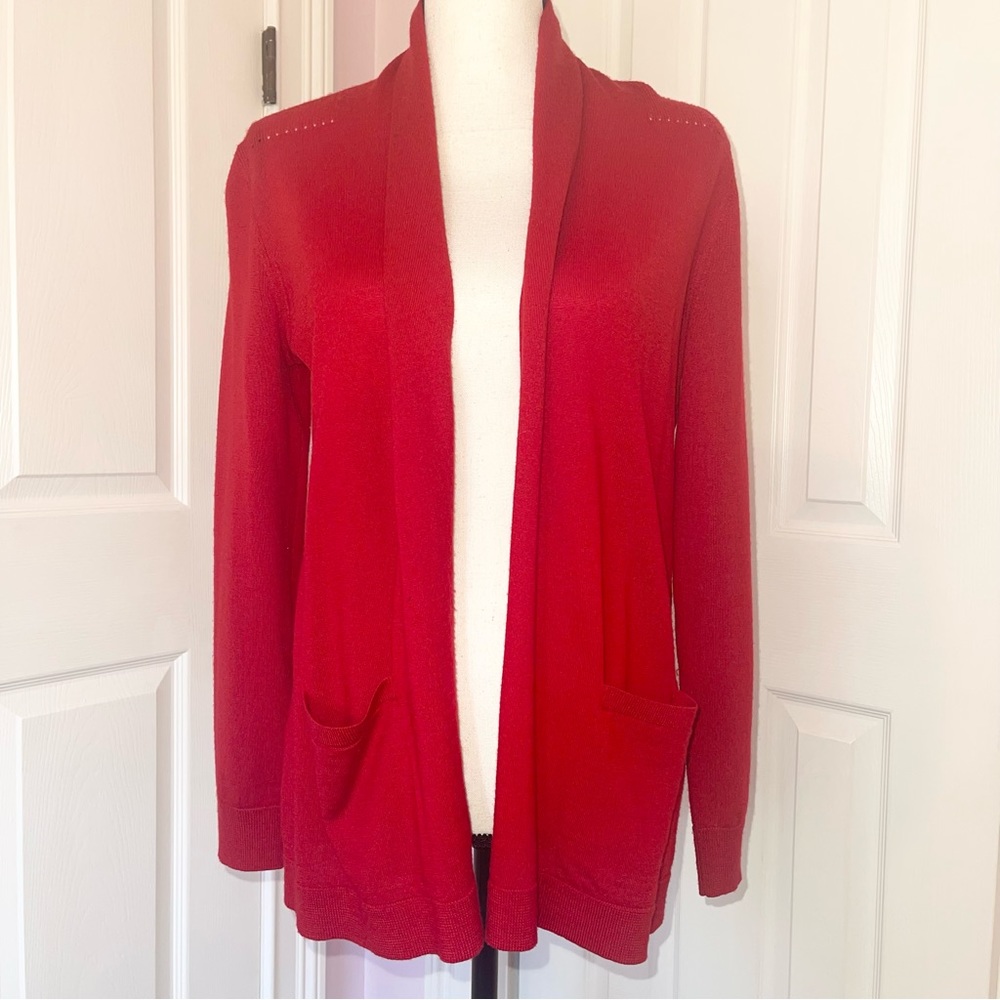 Talbots Petites ruby red pure merino wool duster/open cardigan front pockets SP
